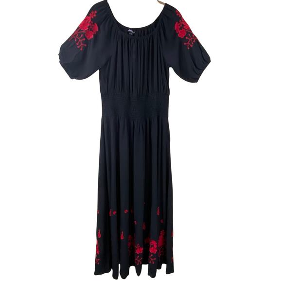 Pyramid Collection Floral Embroidered Maxi Dress Size S Black Red Peasant Artist - Picture 9 of 9